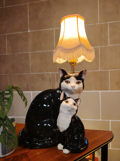 Large Vintage Reworked Tuxedo Cat and Kitten Lamp 💕