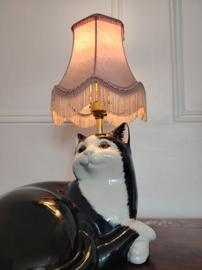 Large Vintage Reworked Lying Down Tuxedo Cat Lamp