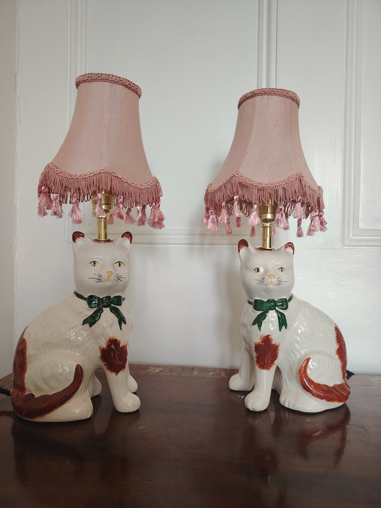 Vintage Pair of Reworked Staffordshire Style Cat Lamps With Pink Shades