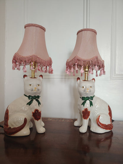 Vintage Pair of Reworked Staffordshire Style Cat Lamps With Pink Shades