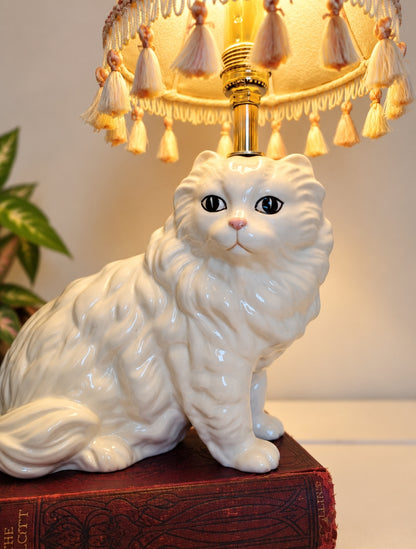 Vintage Reworked White Fluffy Persian Cat Lamp