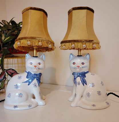 Pair of Vintage Upcycled Floral Cat Lamps