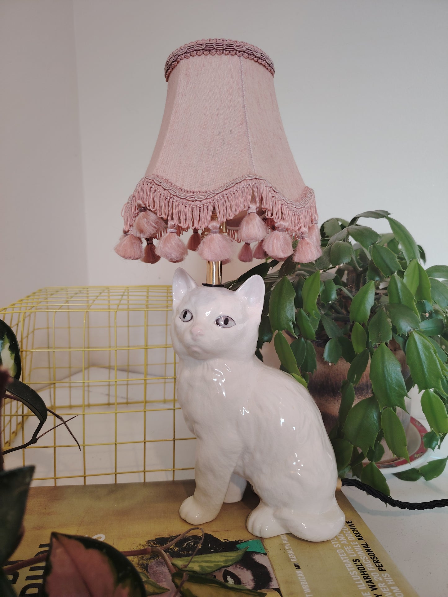 Vintage Reworked White Short Haired Kitten Lamp