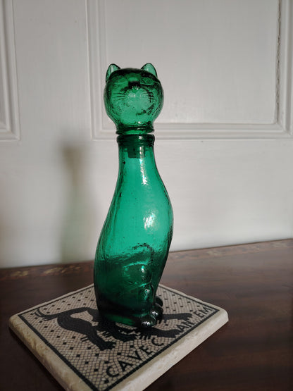 Mid Century Small Green Glass Cat Shaped Empoli Bottle