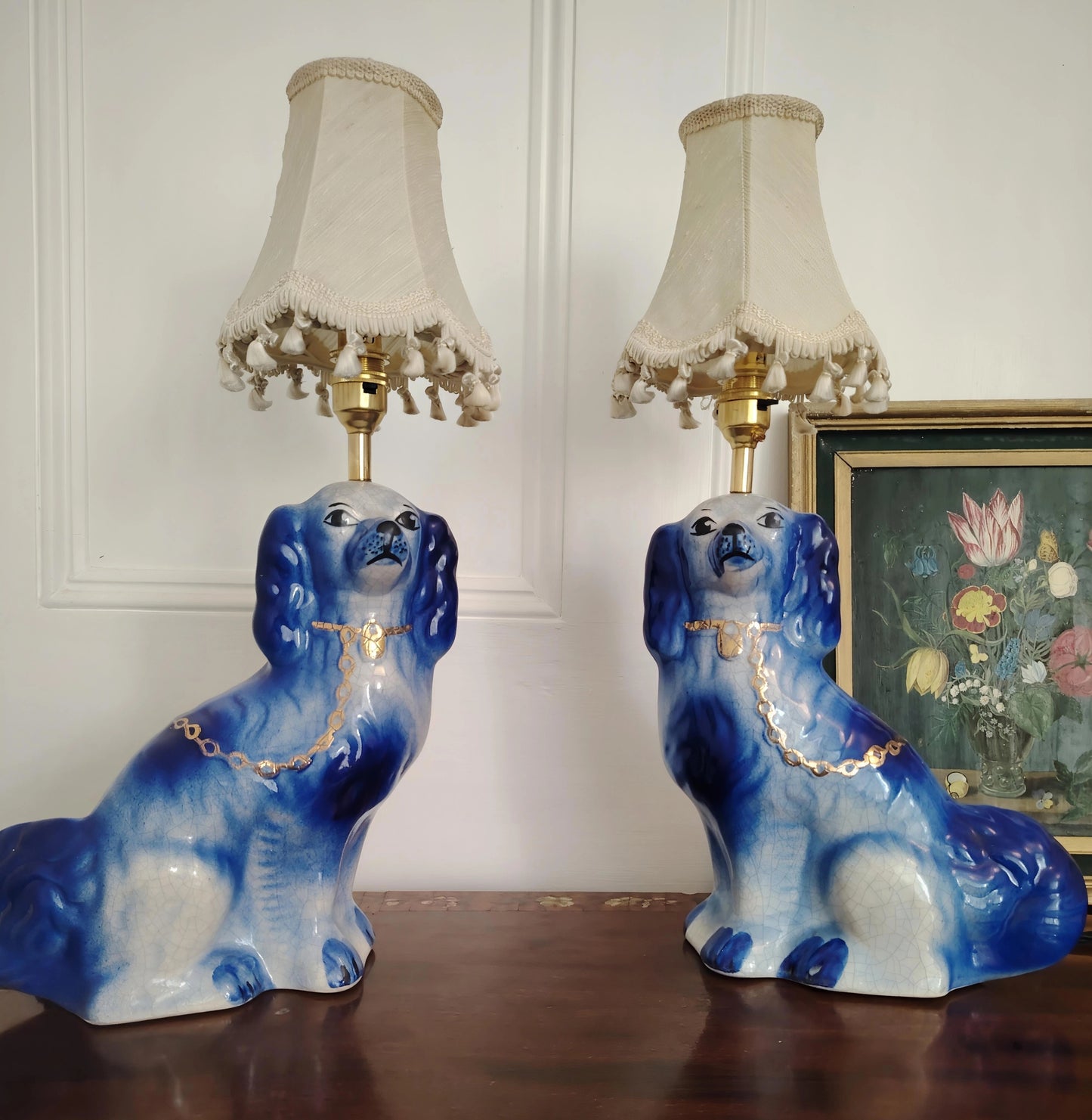 Large Pair of Reworked Staffordshire Style Blue and Gold Pot Dog Lamps