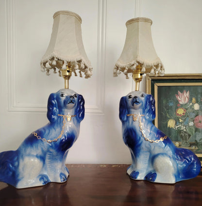 Large Pair of Reworked Staffordshire Style Blue and Gold Pot Dog Lamps