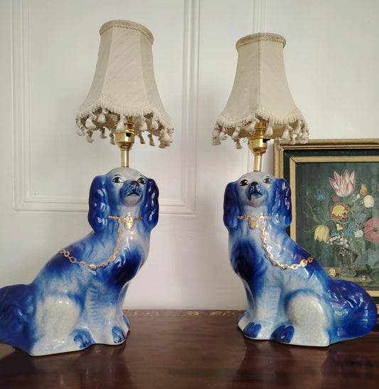 Large Pair of Reworked Staffordshire Style Blue and Gold Pot Dog Lamps