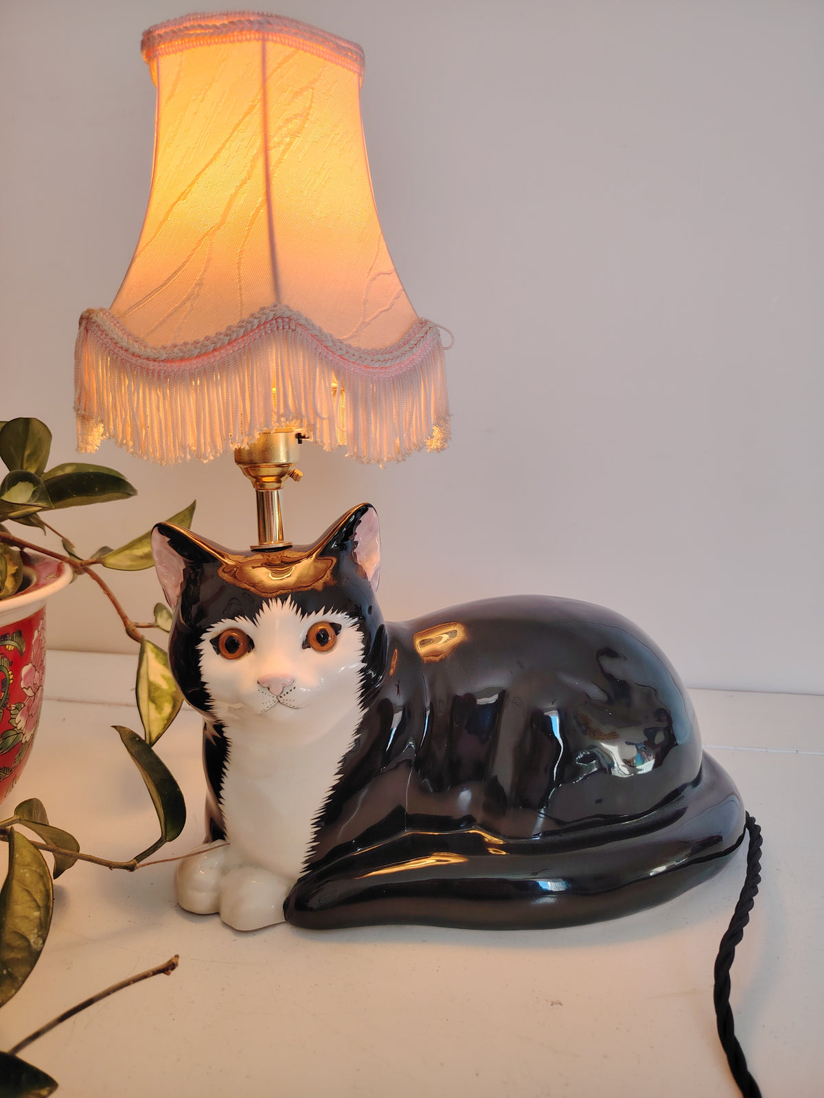 Large Vintage Reworked Tuxedo Cat Lamp