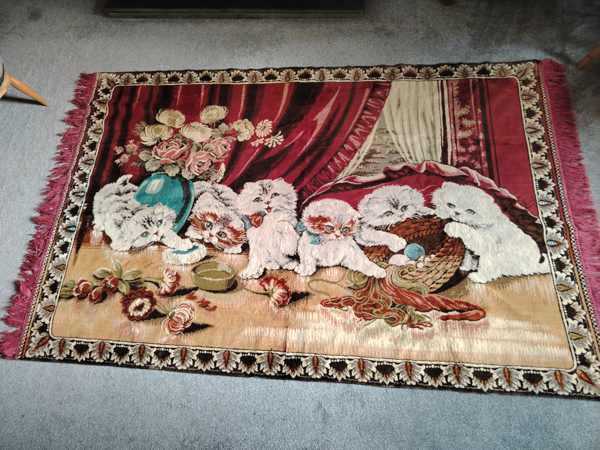 Large Vintage Velvet Kittens Rug/ Tapestry