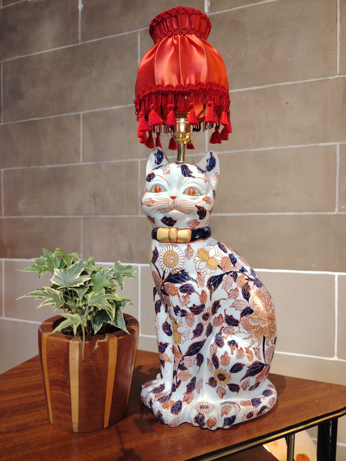 Reworked Antique Floral Imari Cat Lamp