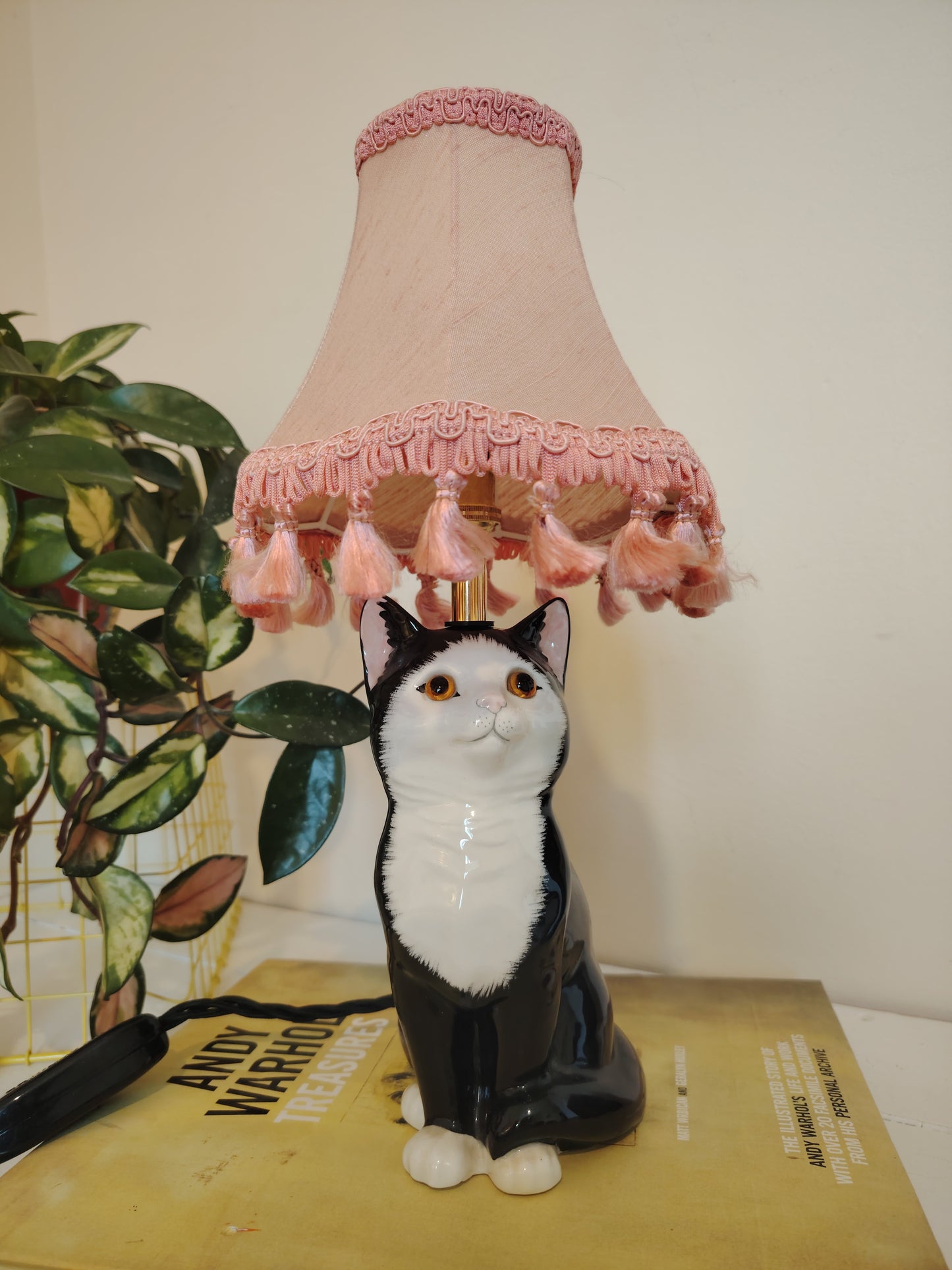 Vintage Upcycled Small Black and White Cat Lamp