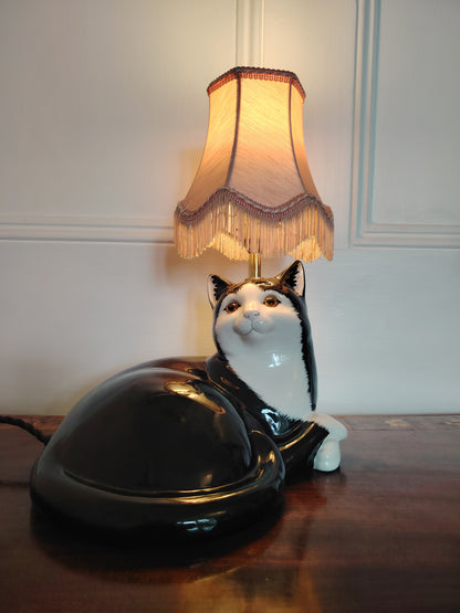Large Vintage Reworked Lying Down Tuxedo Cat Lamp