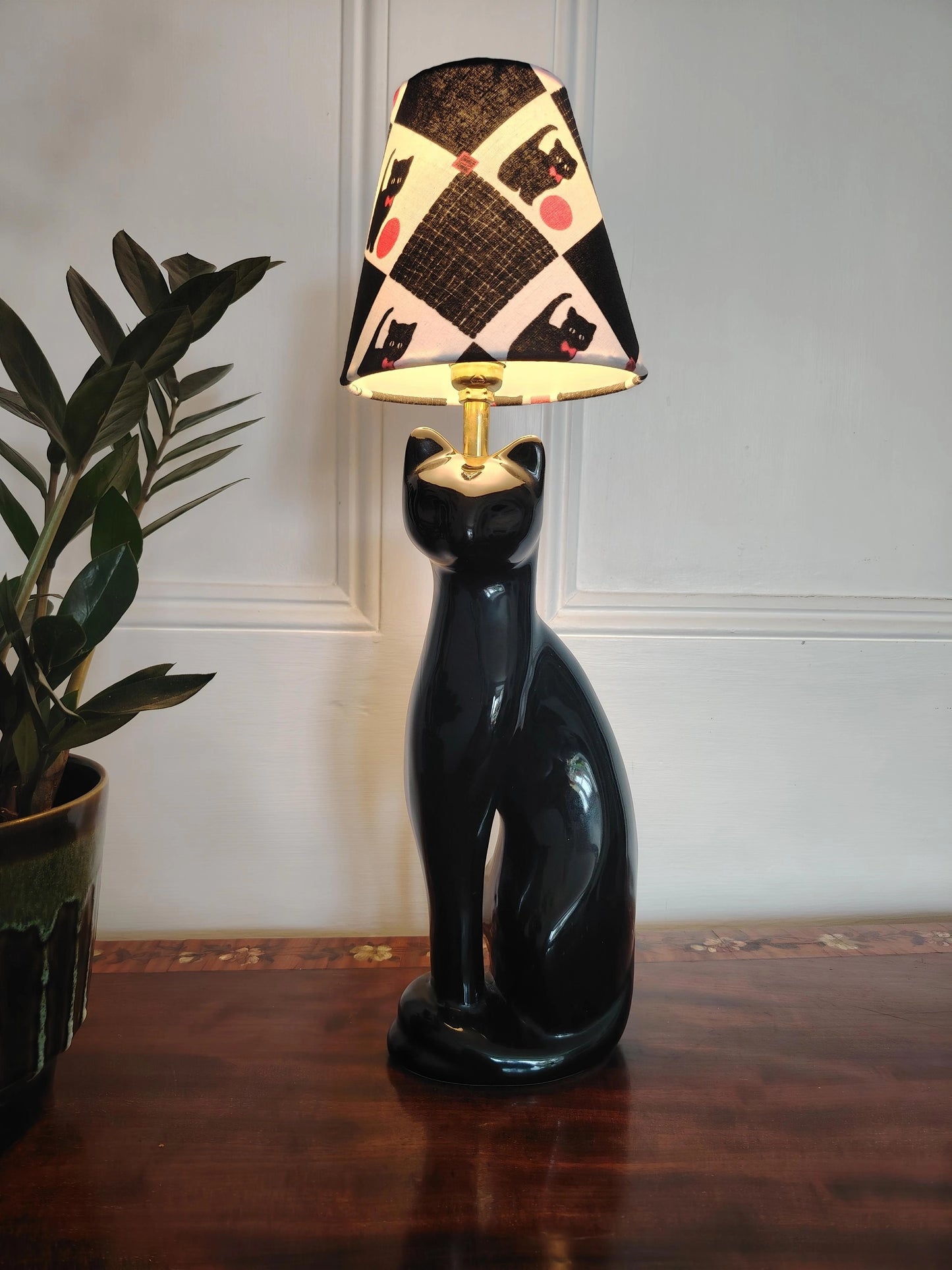 Vintage Reworked Black Cat Lamp with Handmade Shade ❤️🐈‍⬛