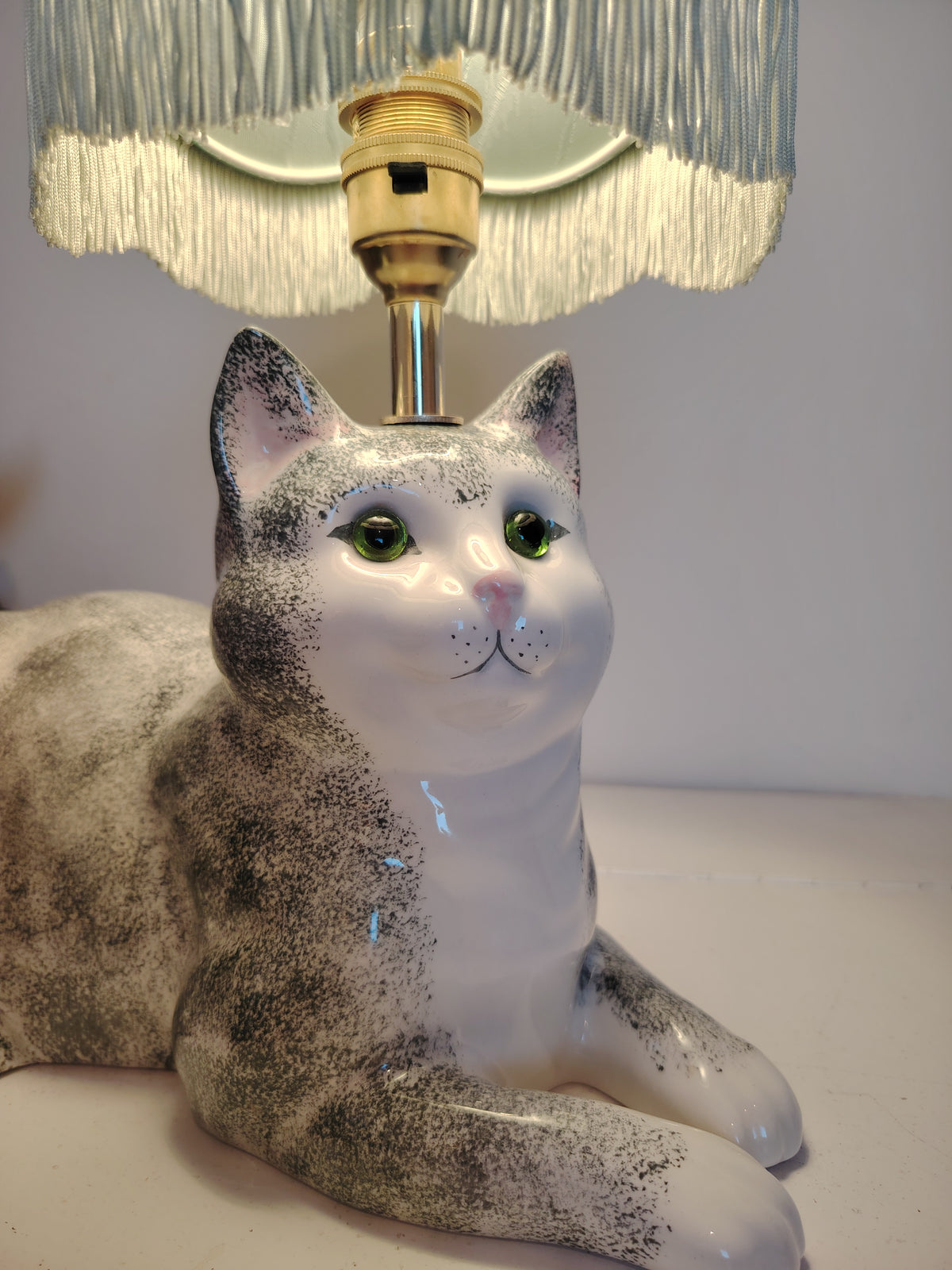 Vintage Reworked Grey and White Cat Lamp