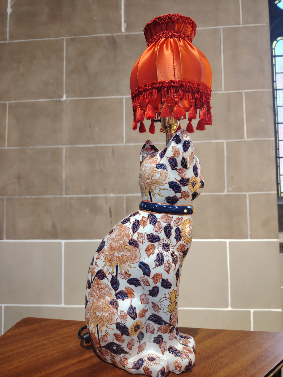 Reworked Antique Floral Imari Cat Lamp
