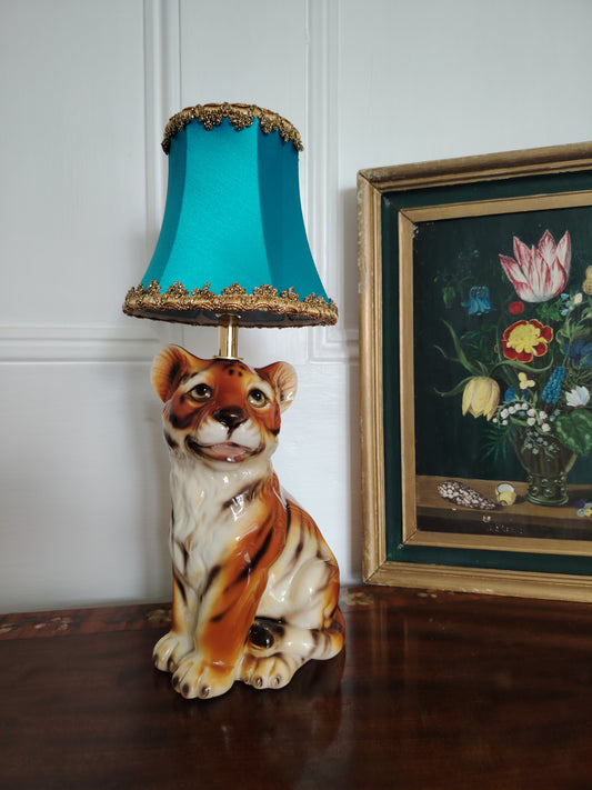 Reworked Mid-Century Small Tiger Cub Lamp Turquoise Shade
