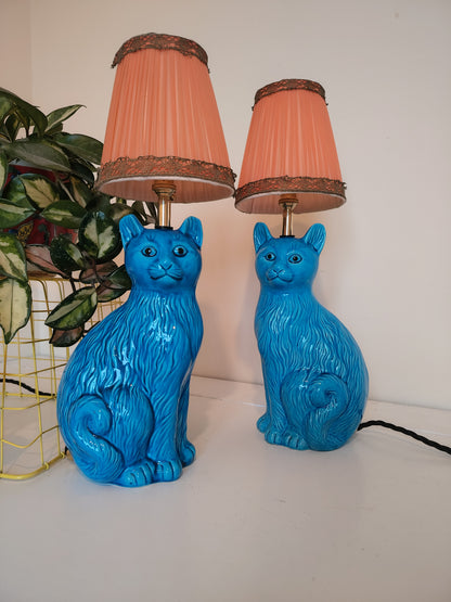 Pair of Stunning Vintage Turquoise Cat Lamps