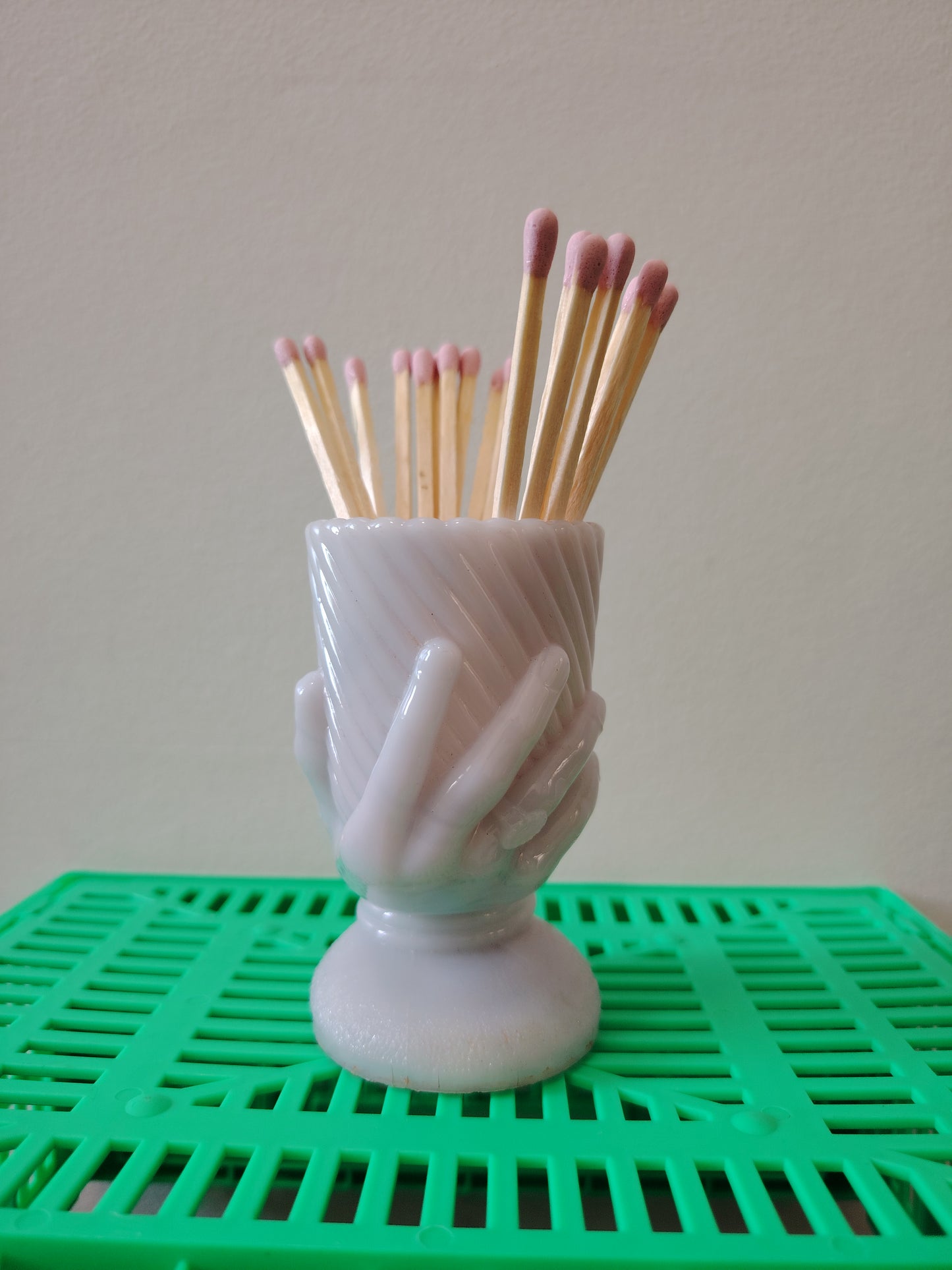 French Antique Milk Glass Hand Match Holder