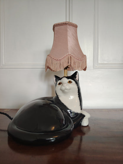 Large Vintage Reworked Lying Down Tuxedo Cat Lamp