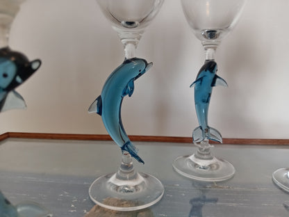 Set of 5 vintage wine glasses with dolphin stems