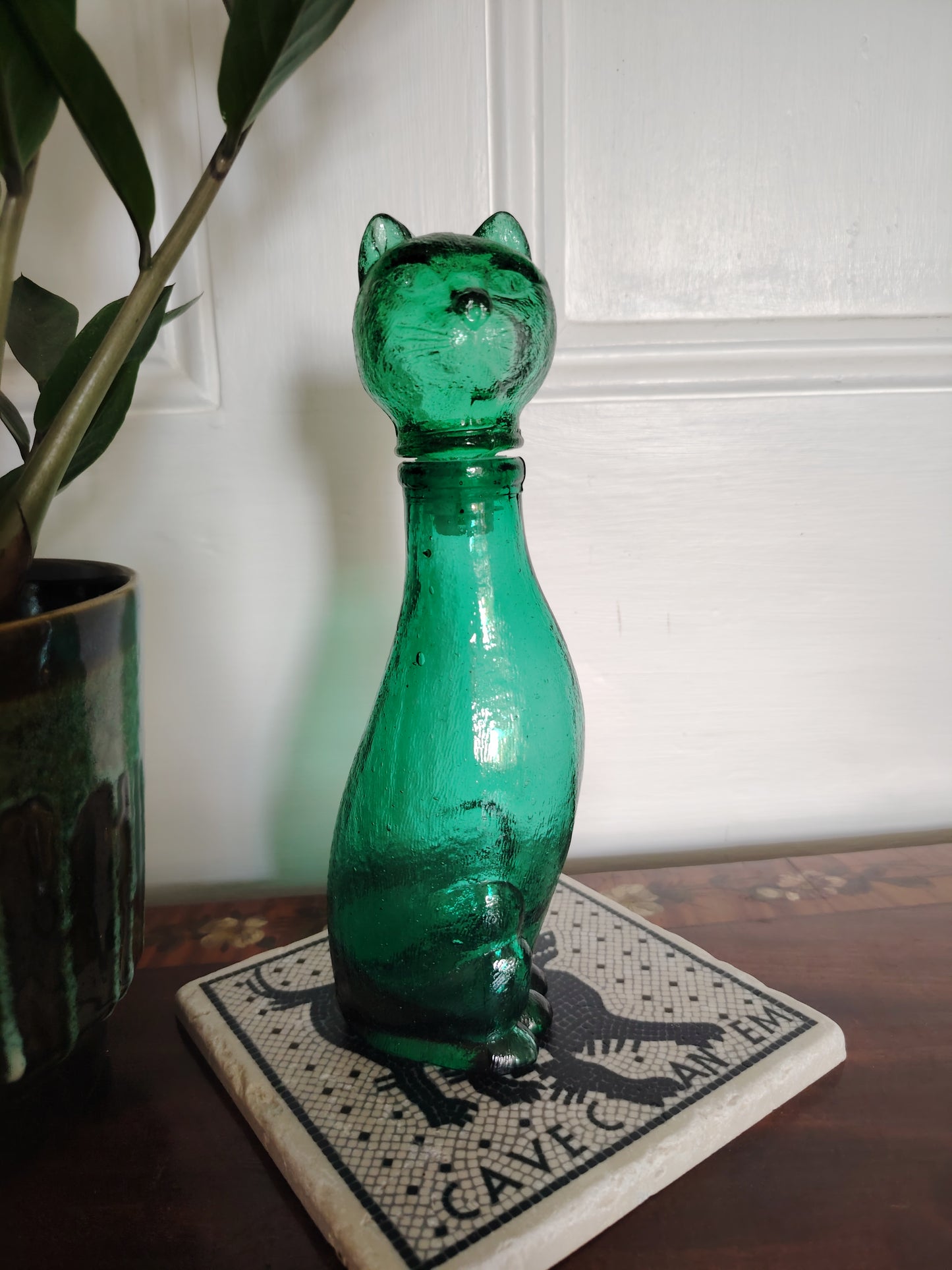 Mid Century Small Green Glass Cat Shaped Empoli Bottle