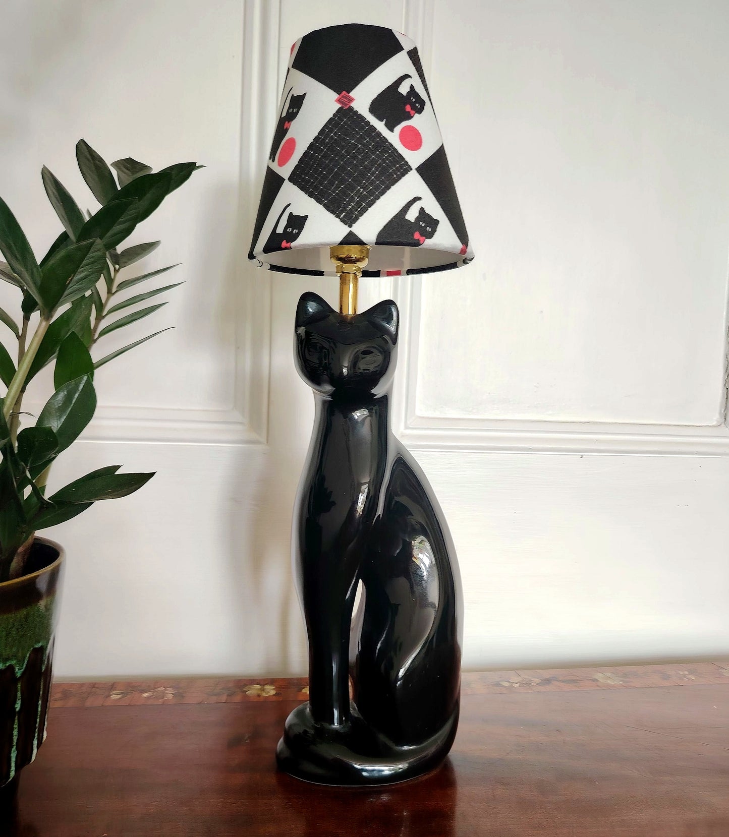 Vintage Reworked Black Cat Lamp with Handmade Shade ❤️🐈‍⬛