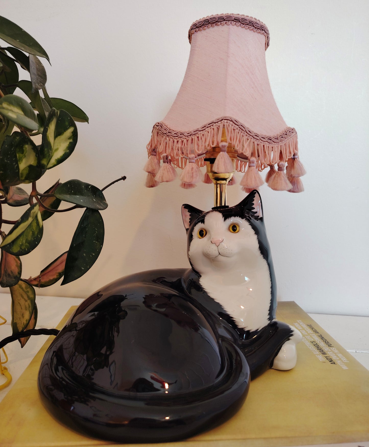 Large Vintage Upcycled Lying Down Tuxedo Cat Lamp