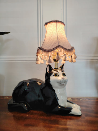 Large Vintage Upcycled Tuxedo Cat Lamp
