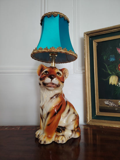 Reworked Mid-Century Small Tiger Cub Lamp Turquoise Shade