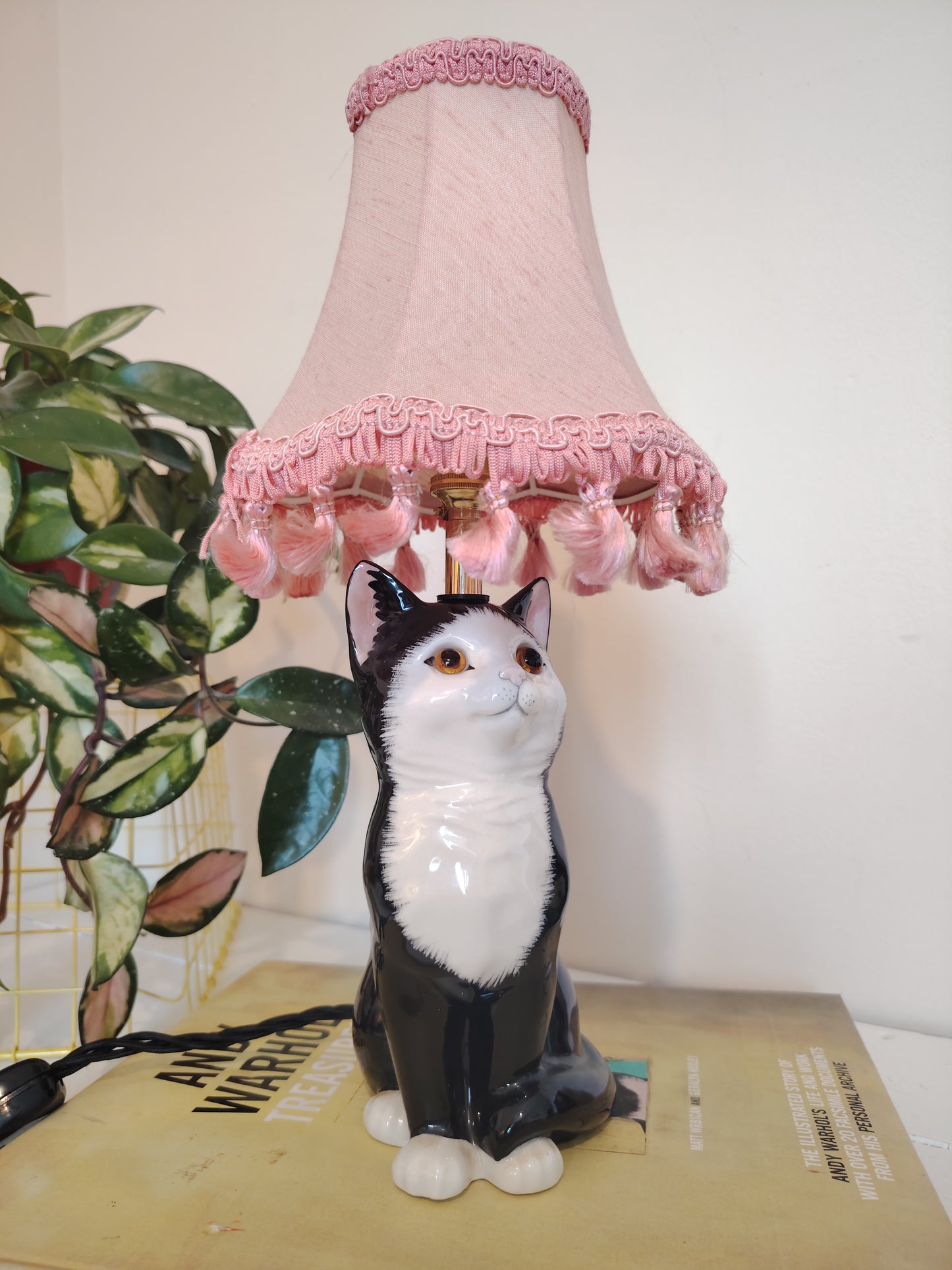 Vintage Upcycled Small Black and White Cat Lamp