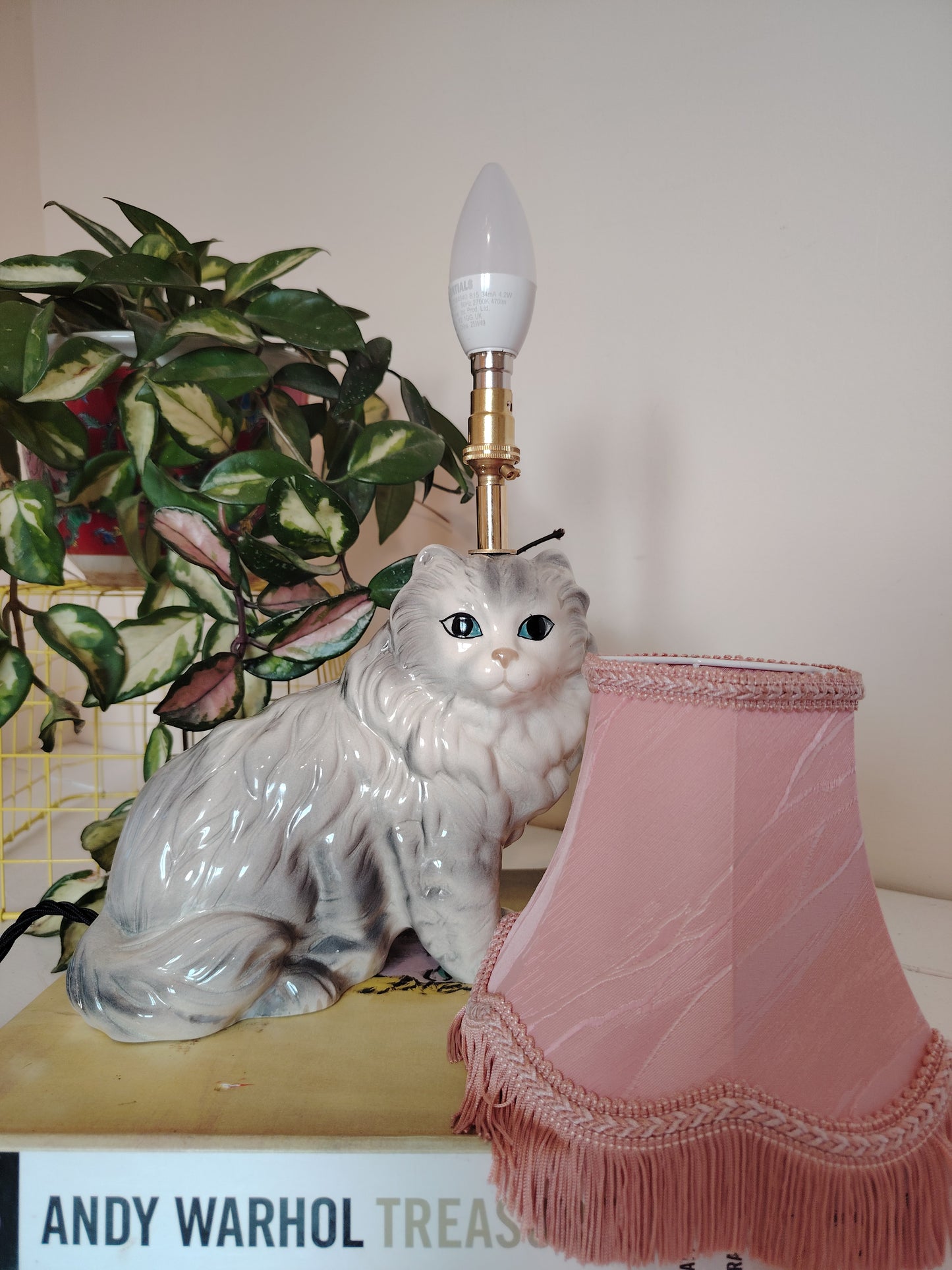 Vintage Upcycled Grey Cat Lamp