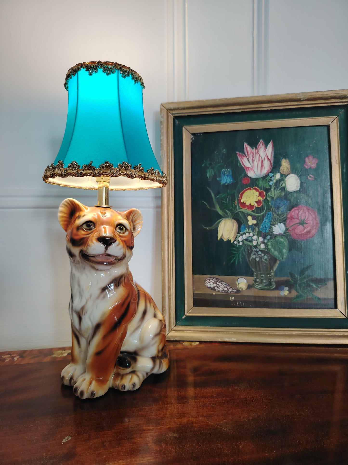 Reworked Mid-Century Small Tiger Cub Lamp Turquoise Shade