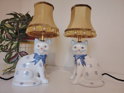 Pair of Vintage Upcycled Floral Cat Lamps
