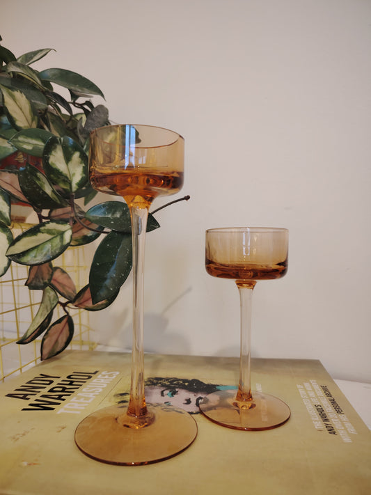 Pair of Vintage Amber Glass Wedgwood Brancaster Candle Holders