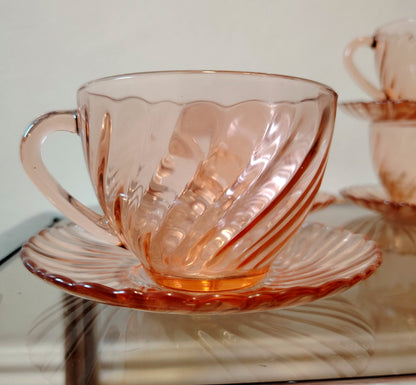 Set of 4 Pink Swirl Glass Cup and Saucers