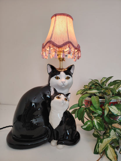 Large Vintage Reworked Tuxedo Cat and Kitten Lamp 💕