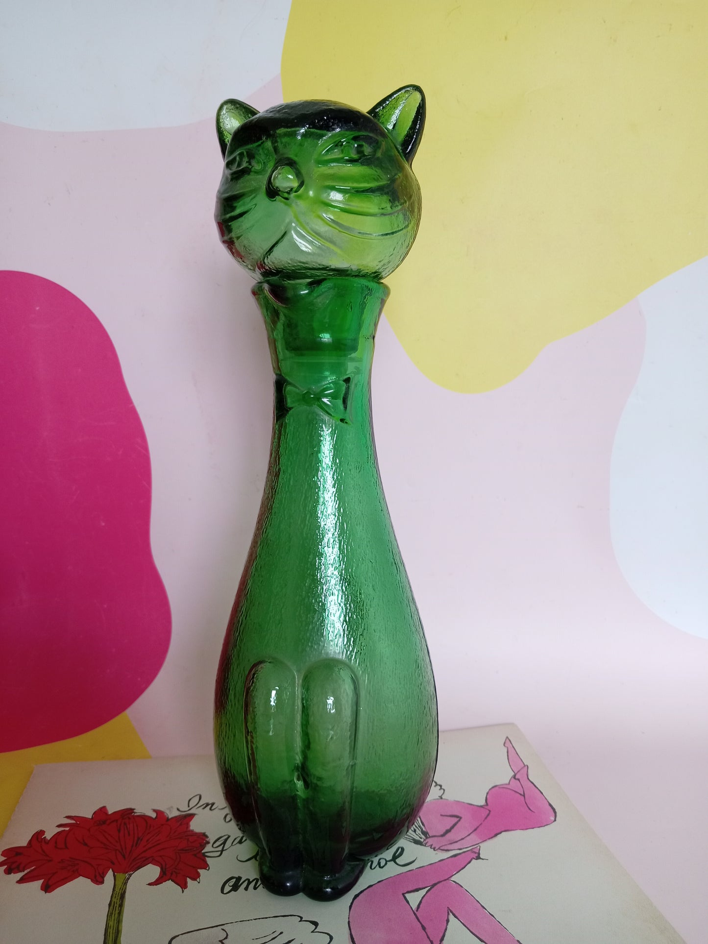 Mid Century Green Glass Cat Shaped Empoli Bottle Decanter