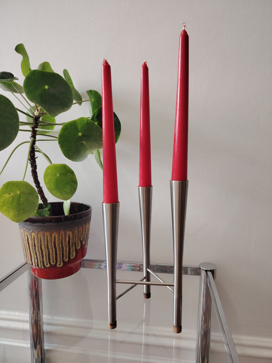 Old Hall Stainless Steel Triple Candle Holder by Robert Welch/ Mid Century Candle Holder