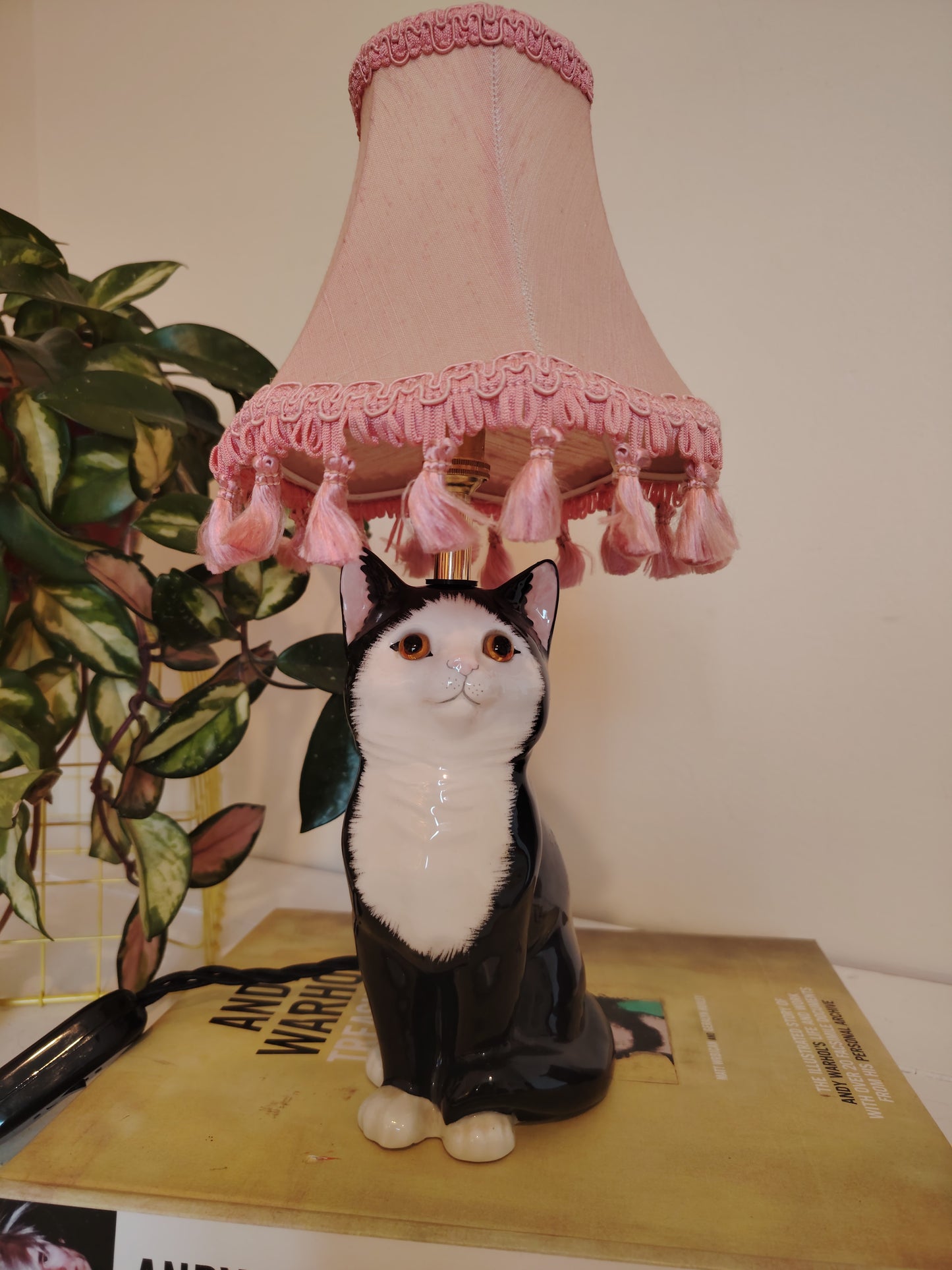 Vintage Upcycled Small Black and White Cat Lamp