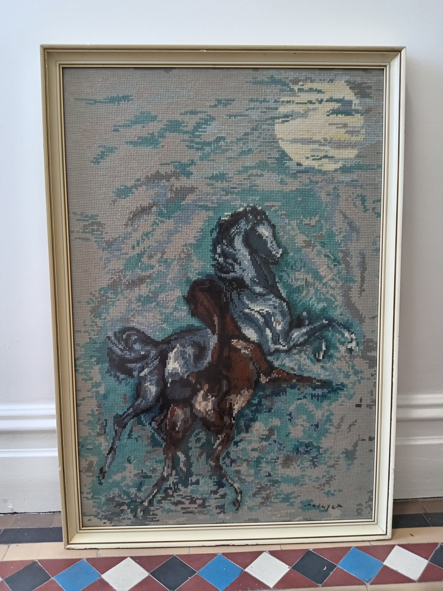 Large 1960's Framed Horses Cross Stitch