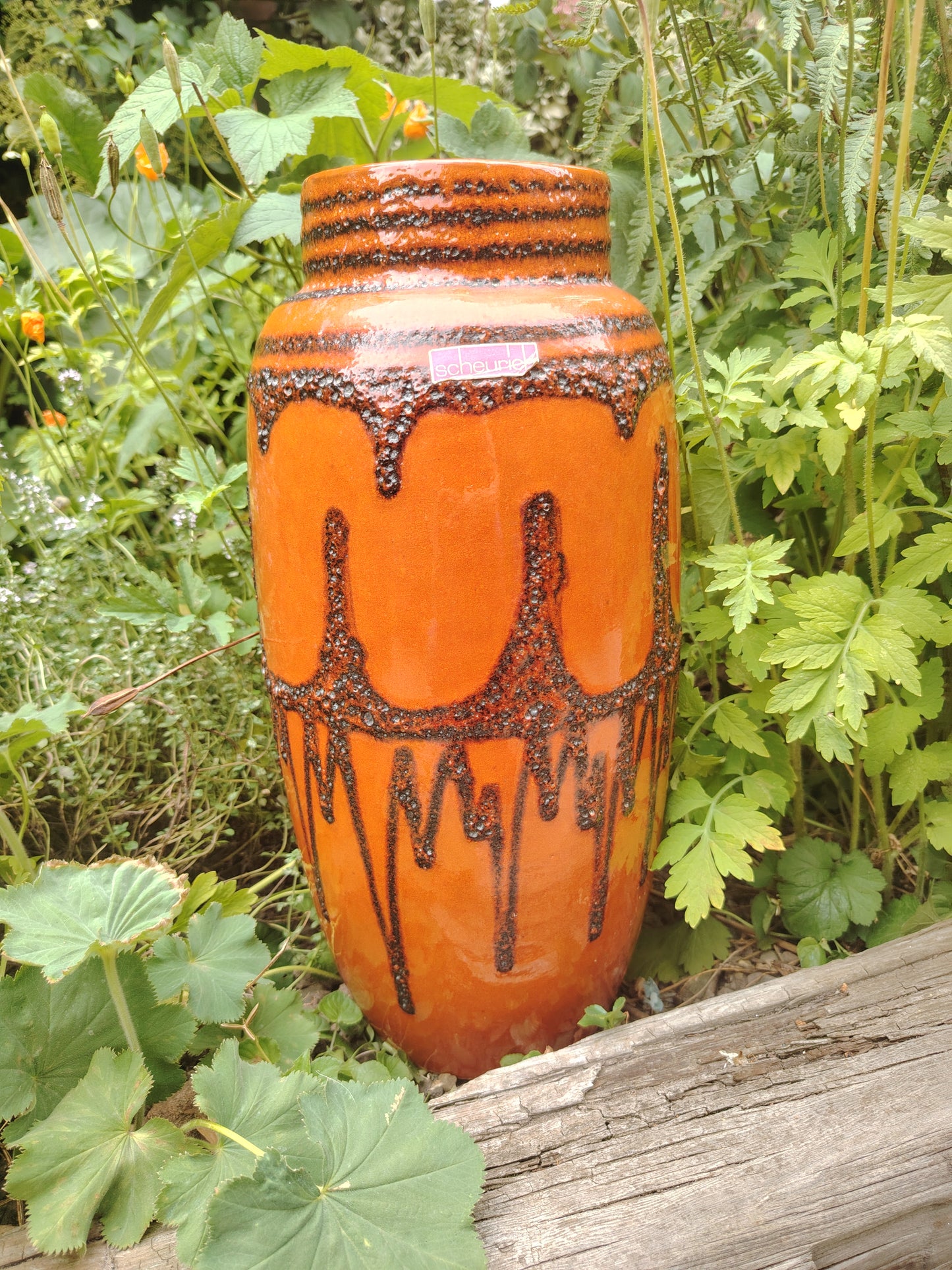 Large Vintage Scheurich Fat Lava Orange and Brown Floor Vase