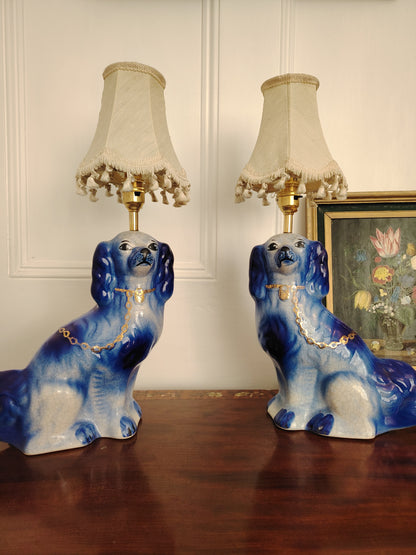 Large Pair of Reworked Staffordshire Style Blue and Gold Pot Dog Lamps
