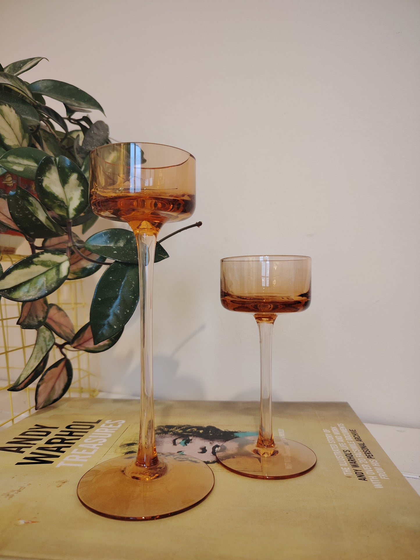 Pair of Vintage Amber Glass Wedgwood Brancaster Candle Holders
