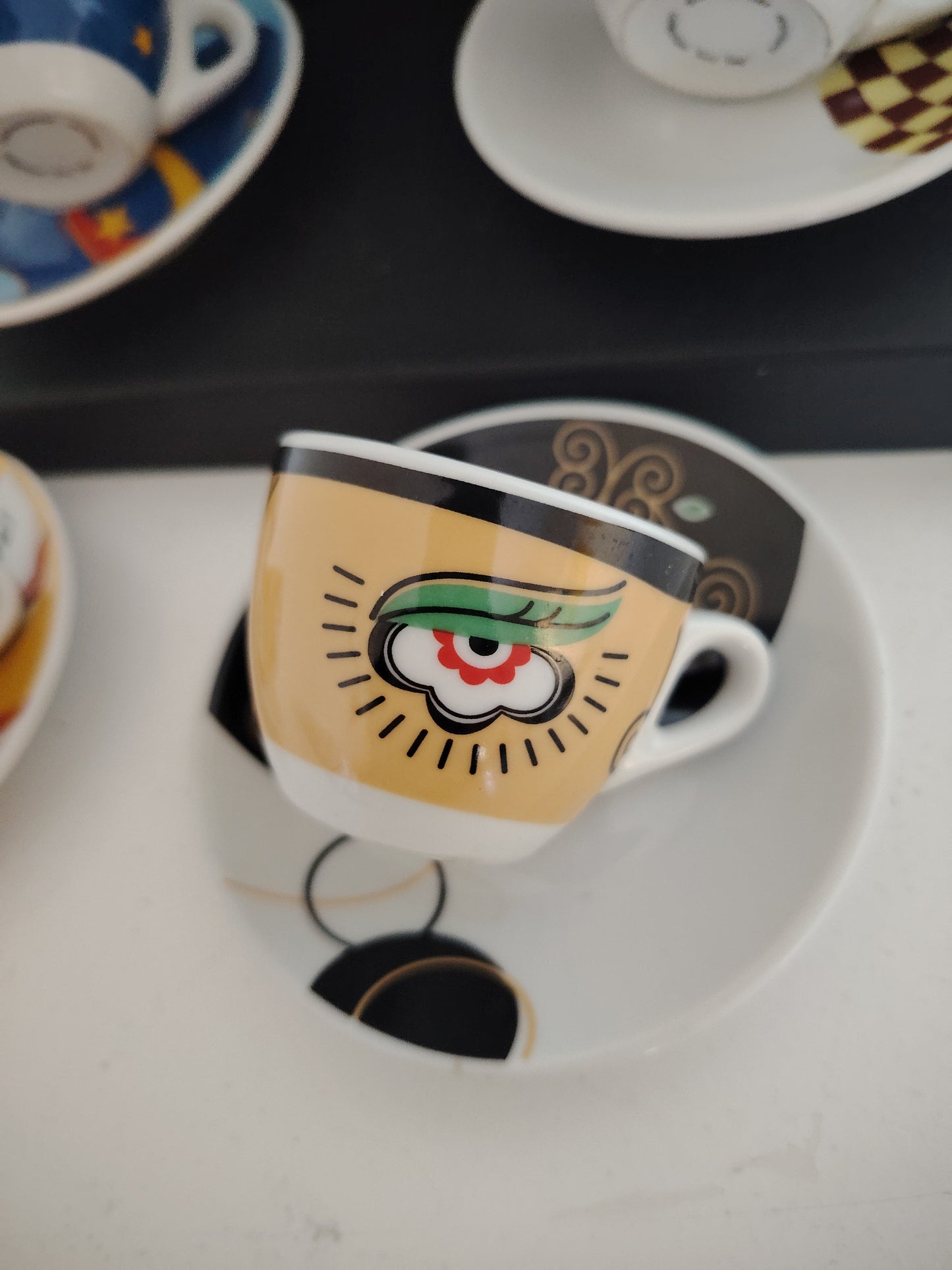 Set of 6 Vintage Eye Design Espresso Cups and Saucers