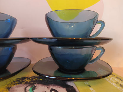 Set of 4 Vintage Blue Glass Cup and Saucers