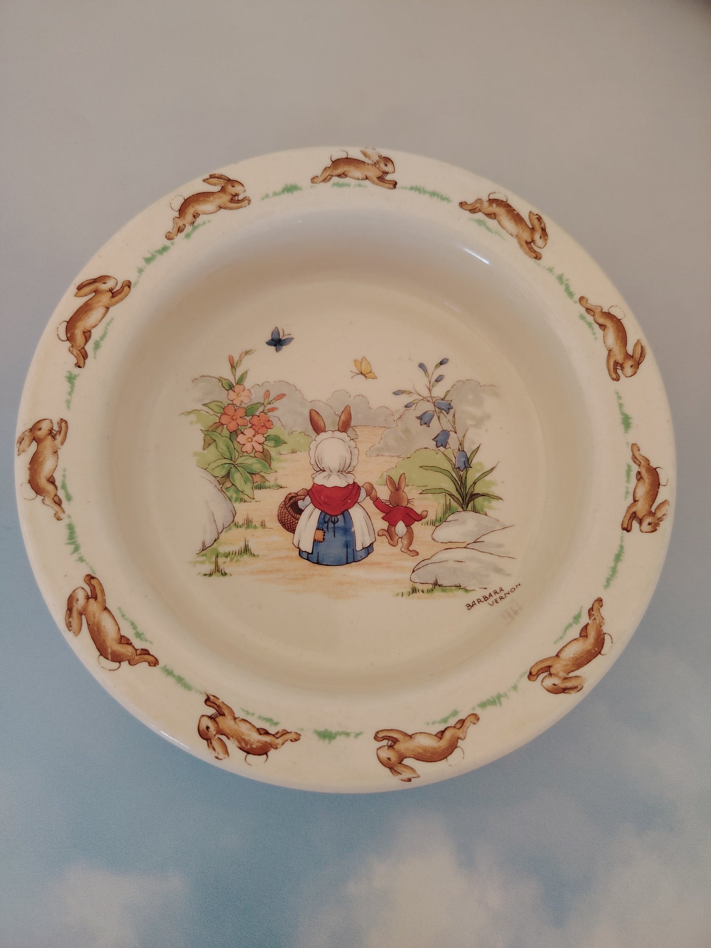 Royal Doulton Bunnykins baby bowl, vintage “Going Shopping”, signed Barbara Vernon