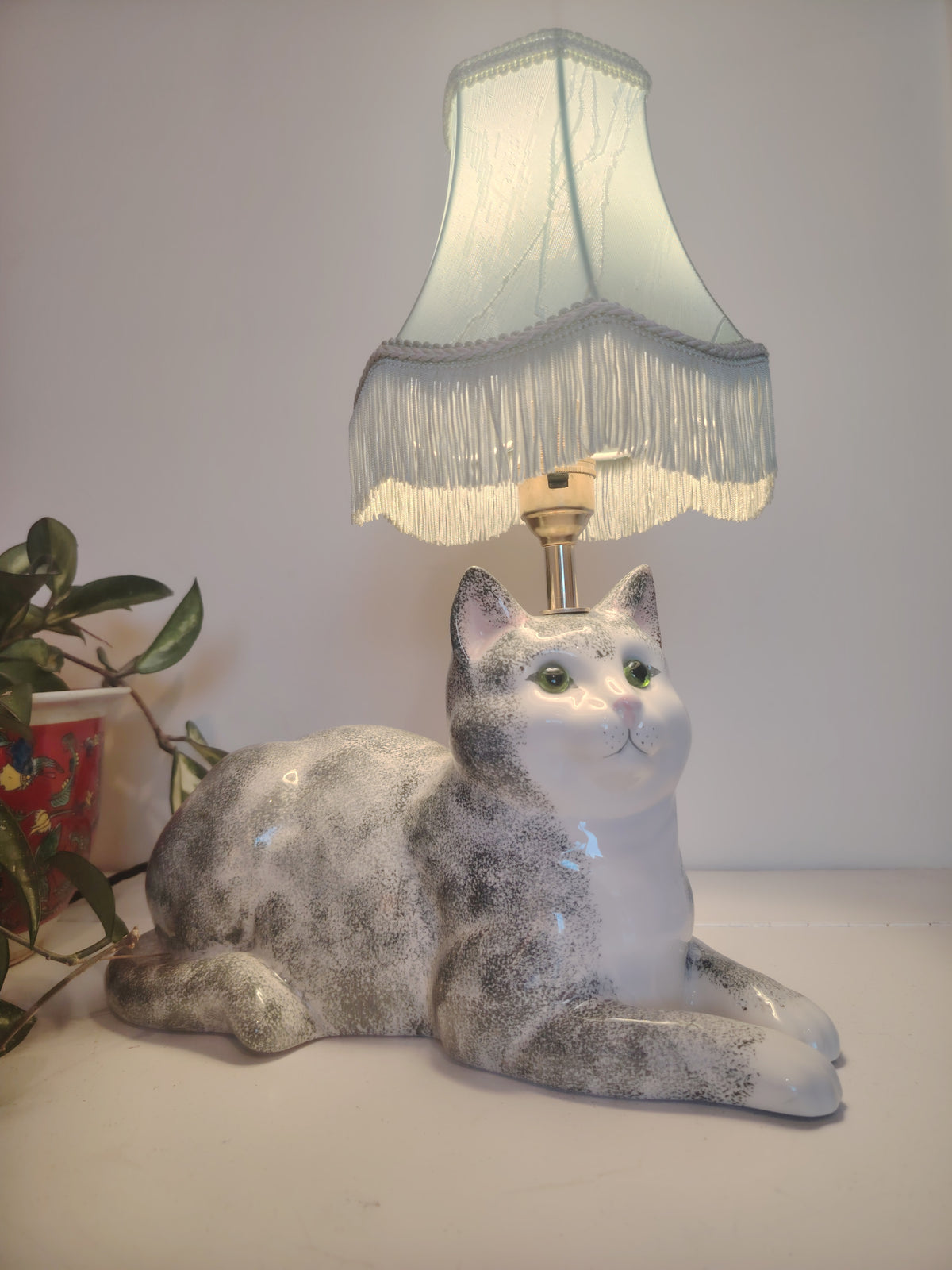 Vintage Reworked Grey and White Cat Lamp