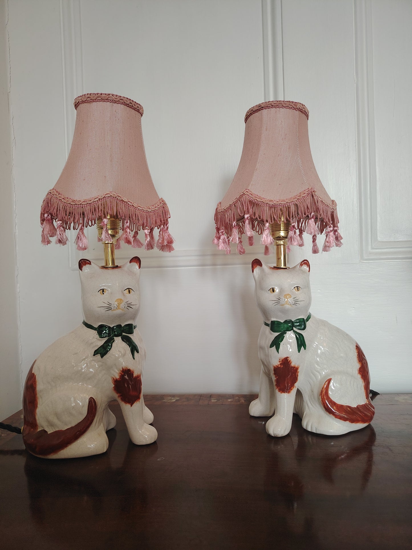 Vintage Pair of Reworked Staffordshire Style Cat Lamps With Pink Shades