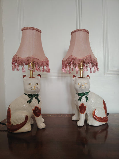 Vintage Pair of Reworked Staffordshire Style Cat Lamps With Pink Shades