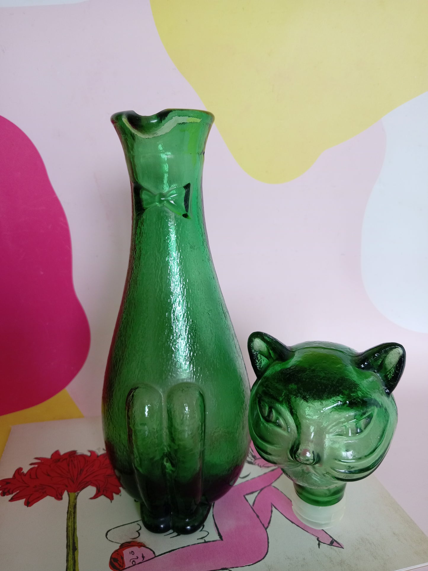 Mid Century Green Glass Cat Shaped Empoli Bottle Decanter